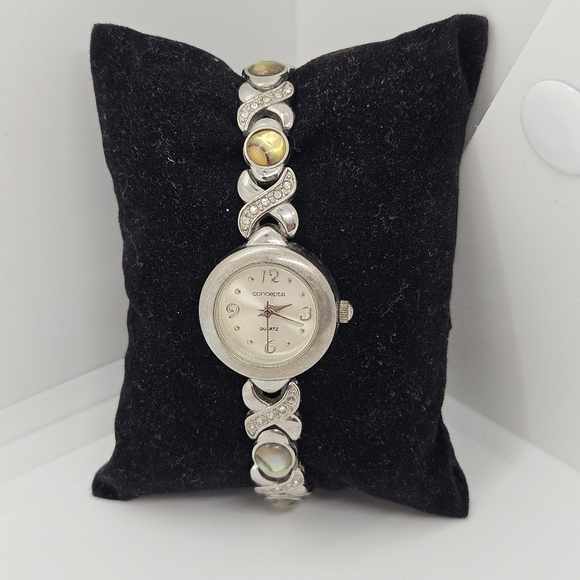 Concepts in Time silver tone watch skinny band with faux abalone and rhinestones - Picture 1 of 6